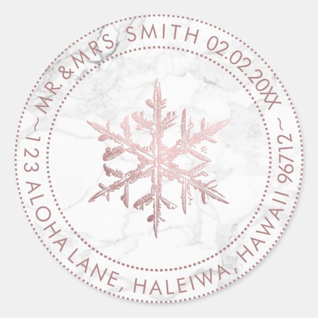 PixDezines SNOWFLAKE FAUX ROSE GOLD FOIL/MARBLE Classic Round Sticker (Front)