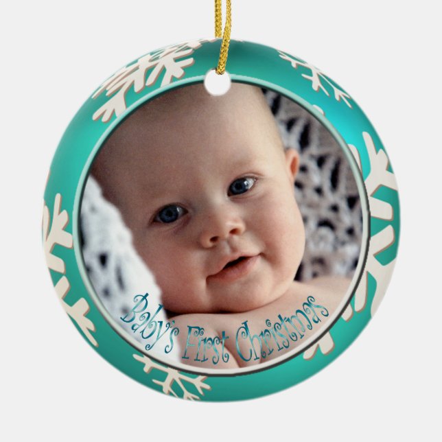 PixDezines Snowflakes Baby's First Christmas Ceramic Ornament (Front)