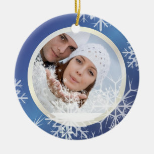 PixDezines Snowflakes Photo Template White + Blue Ceramic Ornament
