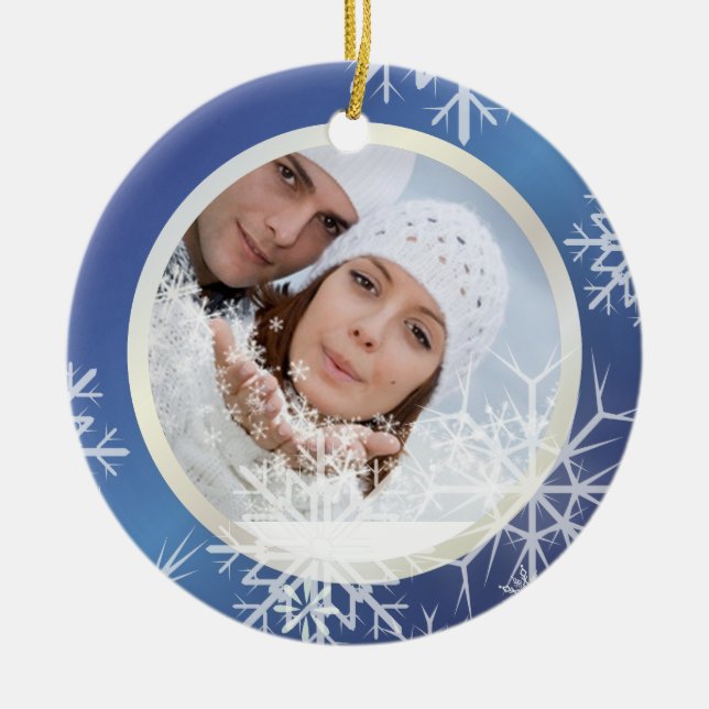 PixDezines Snowflakes Photo Template White + Blue Ceramic Ornament (Front)