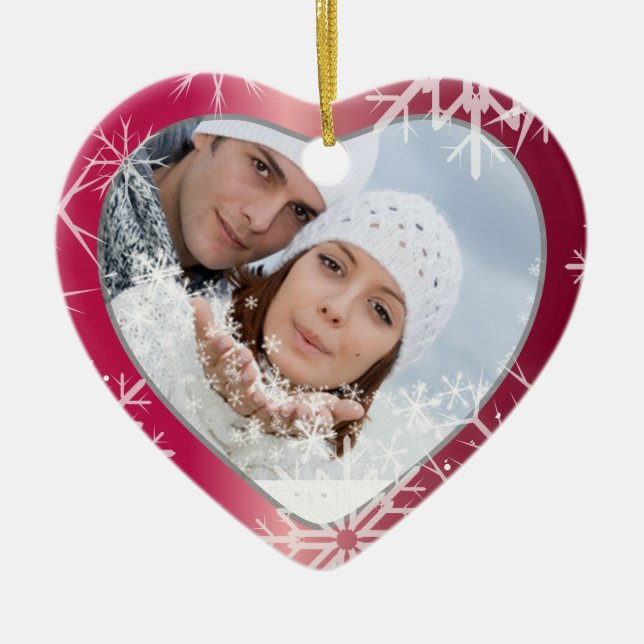 PixDezines Snowflakes Photo Template White + Red Ceramic Ornament (Front)