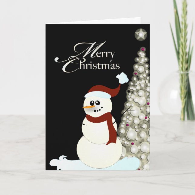 PixDezines Snowman/Glowing Christmas Tree Holiday Card (Front)