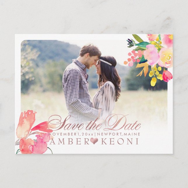 PixDezines Spring Floral Save the Date/Rose Gold Announcement Postcard (Front)