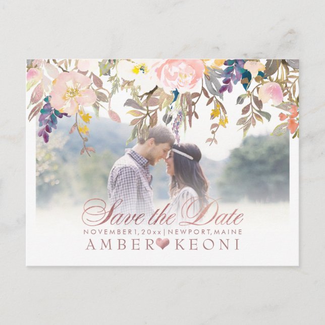 PixDezines Spring Floral Save the Date/Rose Gold Announcement Postcard (Front)