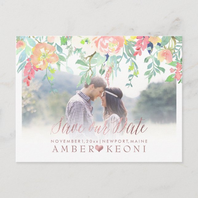 PixDezines Spring Floral Save the Date/Rose Gold Announcement Postcard (Front)