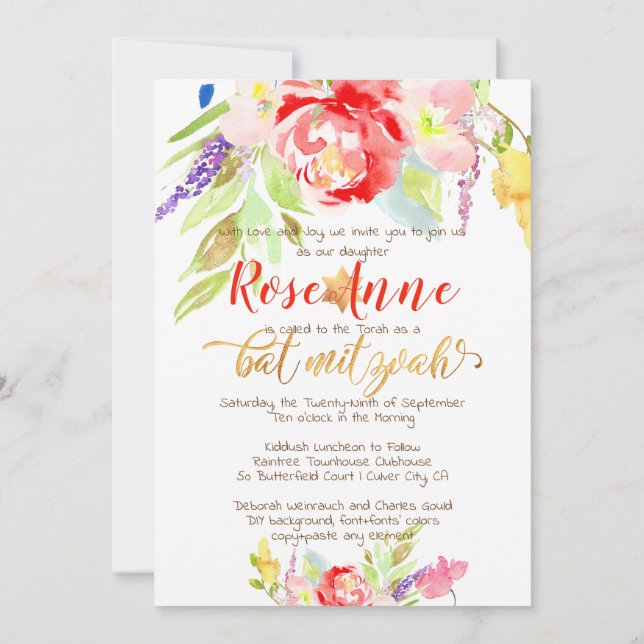 PixDezines Spring Watercolor Flowers Bat Mitzvah Invitation (Back)