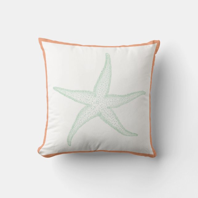 PixDezines starfish, seafoam green+coral orange Cushion (Front)