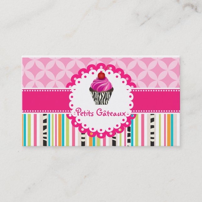 PixDezines strawberry swirls cupcake+stripes Business Card (Front)