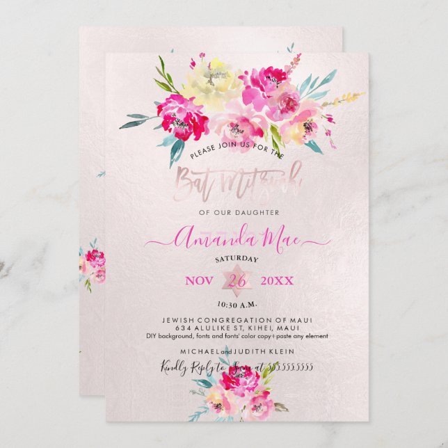 PixDezines Summer Peonies Watercolor Bat Mitzvah Invitation (Front/Back)