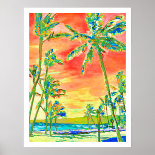 PixDezines Sunset Hawaiian Beach/Coral/Blue Poster