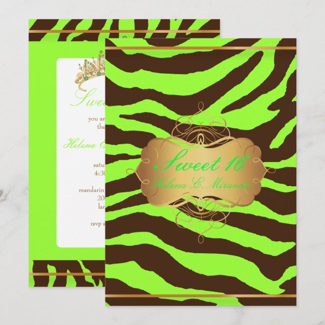 PixDezines SWEET 16/BROWN ZEBRA/DIY NEON GREEN Invitation (Front/Back)