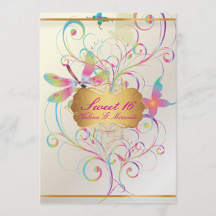 PixDezines Sweet 16/Butterflies+Dragonfly+Rainbows Invitation