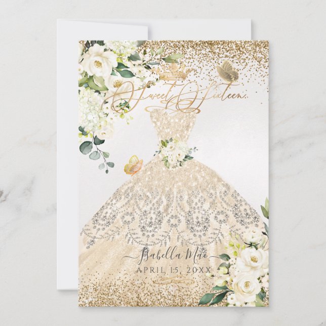 PixDezines Sweet 16 Champagne Gold Glitter Gown Invitation (Front)