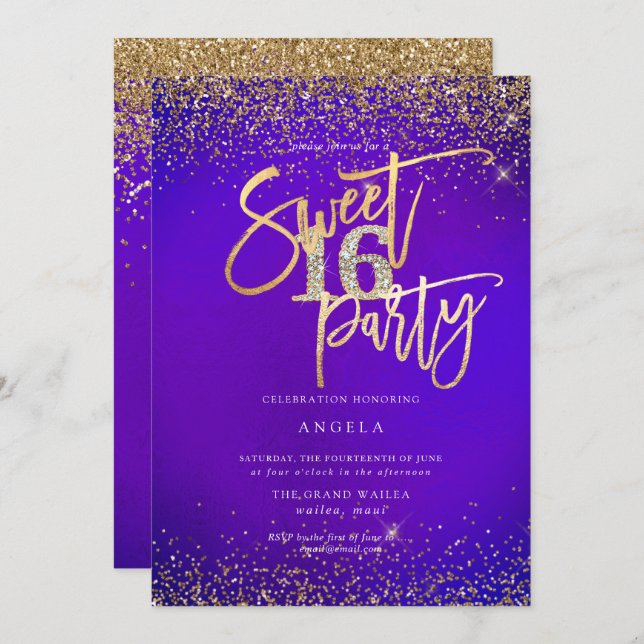 PixDezines Sweet 16 Diamond Glitters Ultra Violet Invitation (Front/Back)
