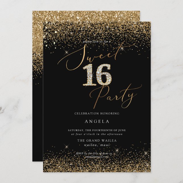 PixDezines Sweet 16 Diamond Glitters Watercolor Invitation (Front/Back)