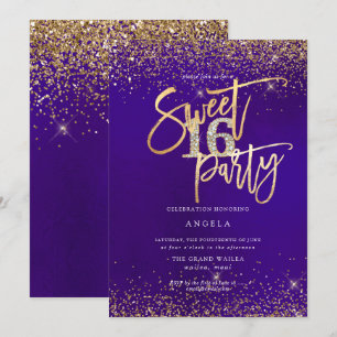 PixDezines Sweet 16 Diamond Gold Glitters Purple  Invitation
