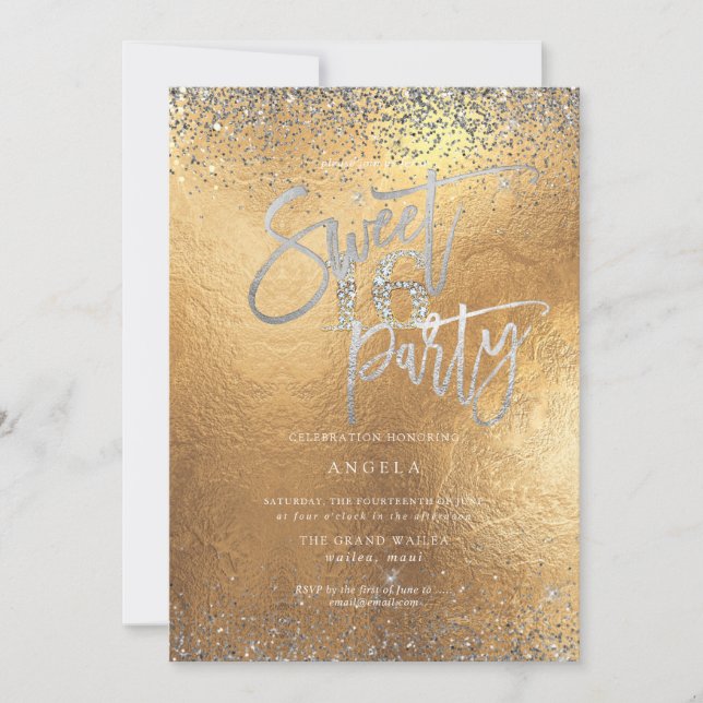 PixDezines Sweet 16 Diamond Silver Gold Glitter Invitation (Front)