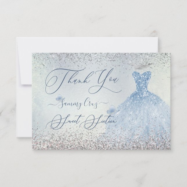 PixDezines Sweet 16 Dusty Blue Dress Thank You Card (Front)