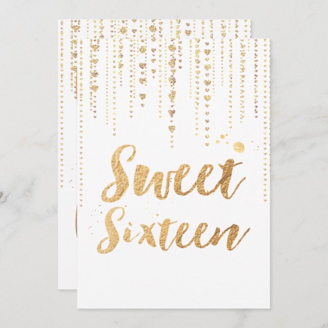 PixDezines sweet 16, Golden Hearts Strings Glitter Invitation (Front/Back)