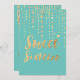 PixDezines sweet 16, Golden Hearts Strings Glitter Invitation