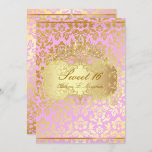 PixDezines SWEET 16/PRINCESS/PINK+GOLD TONE DAMASK Invitation