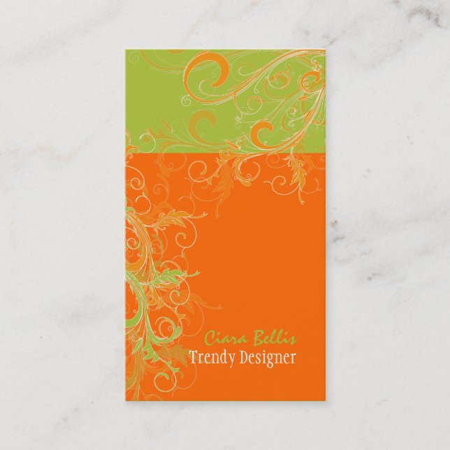 PixDezines Swirls /grannysmith+tangerine Business Card (Front)