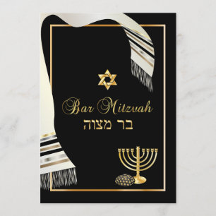 PixDezines talit/kippot/bar mitzvah/black/gold Invitation