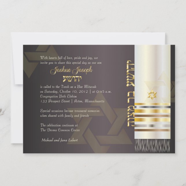PixDezines tallit/Stylish Bar Mitzvah/ash/gold Invitation (Front)