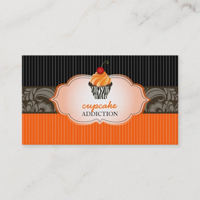 PixDezines tangerine swirls cupcake+pinstripes Business Card (Front)