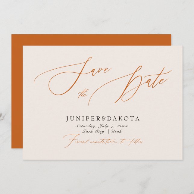 PixDezines Terracotta Modern Script Save the Date Invitation (Front/Back)