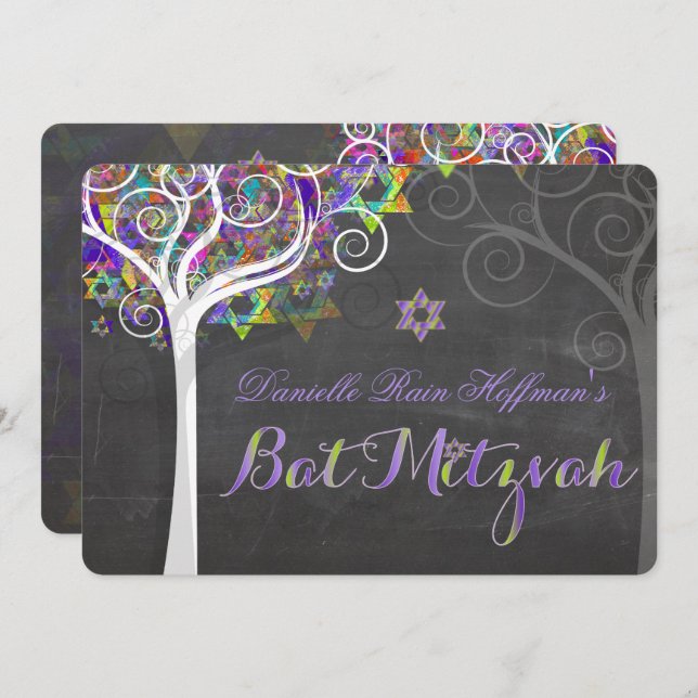 PixDezines tree of life Bat Mitzvah/chalkboard Invitation (Front/Back)