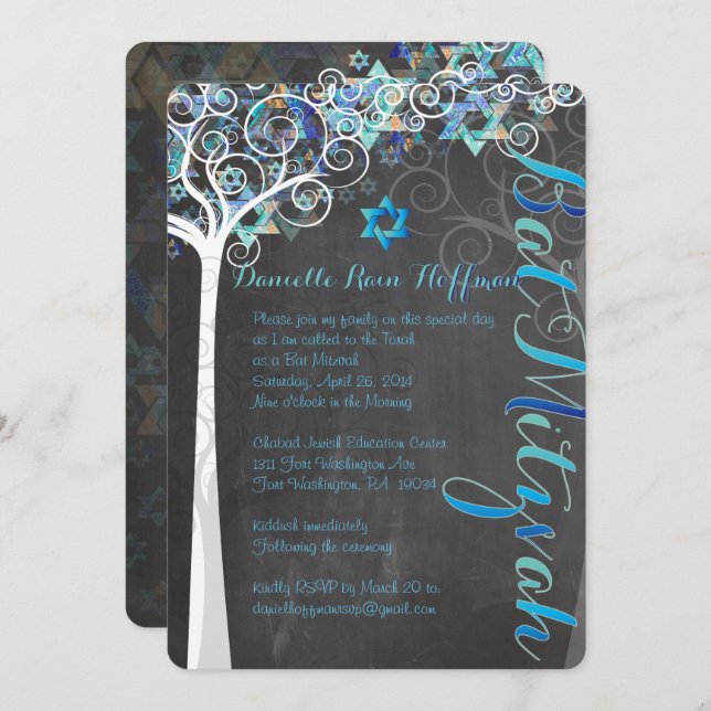 PixDezines Tree of Life Bat Mitzvah/chalkboard Invitation (Front/Back)
