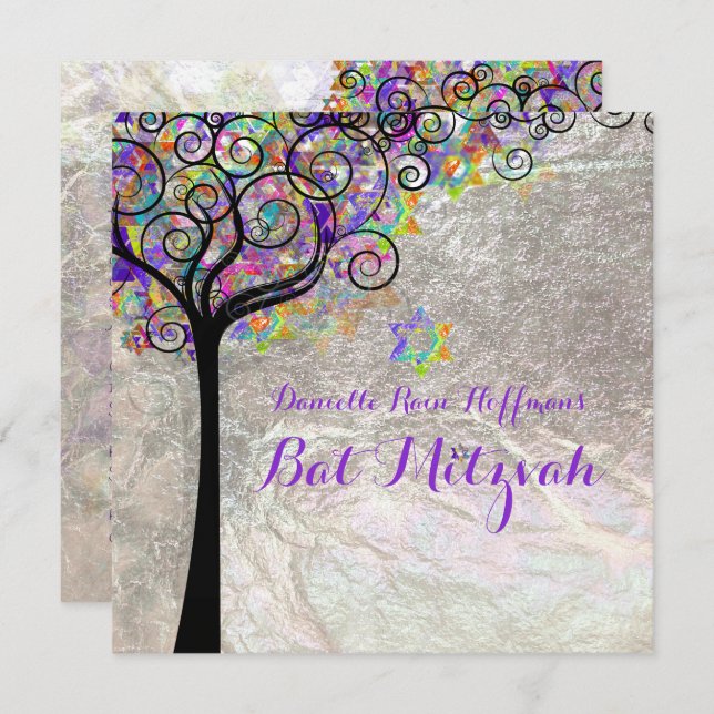 PixDezines tree of life Bat Mitzvah/faux foil Invitation (Front/Back)
