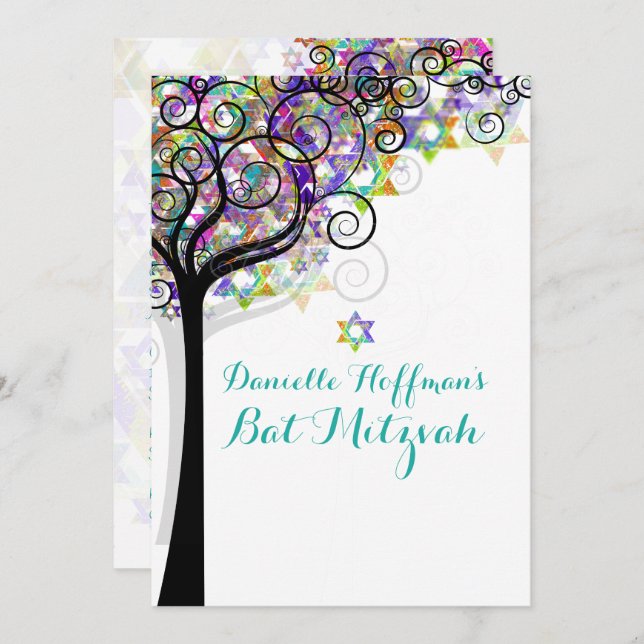 PixDezines TREE OF LIFE BAT MITZVAH/PURPLE/PINK Invitation (Front/Back)