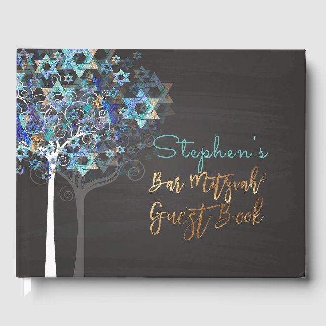 PixDezines Tree of Life Mitzvah/Aqua Blue+Chalkboa Guest Book (Front)