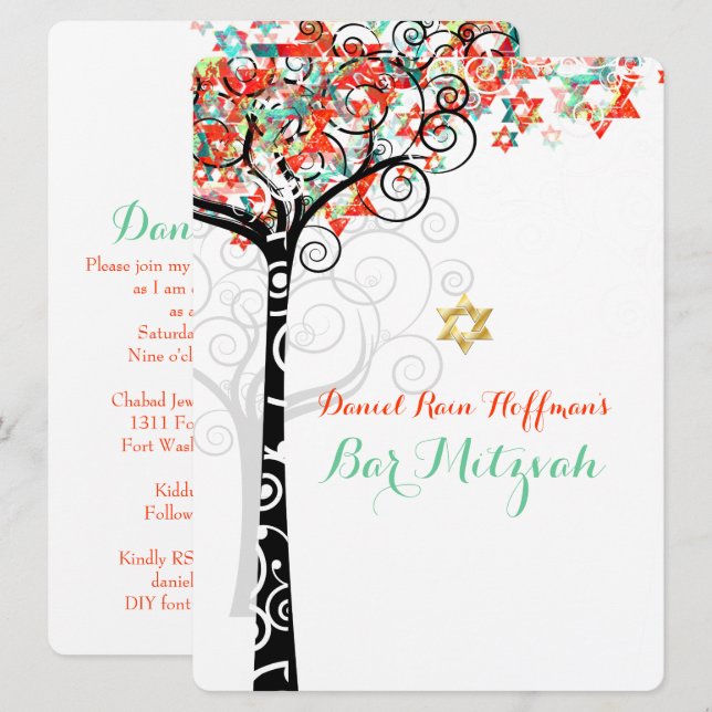 PixDezines tree of life mitzvah/Mint Green/Orange Invitation (Front/Back)