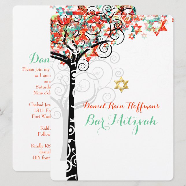 PixDezines tree of life mitzvah/teal/orange Invitation (Front/Back)