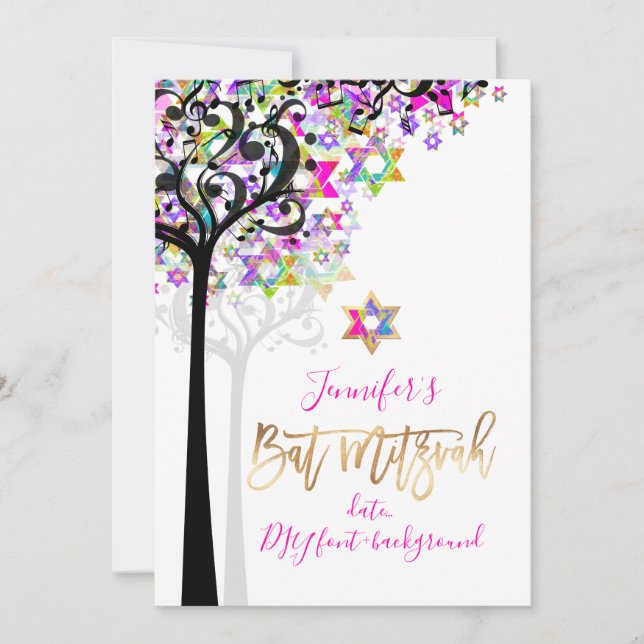 PixDezines TREE OF LIFE MUSIC NOTES MITZVAH PINK Invitation (Front)