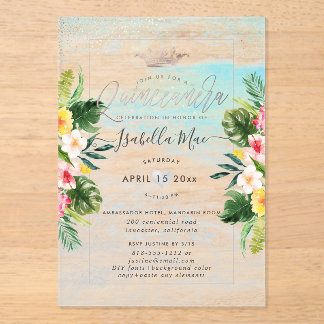 PixDezines Tropical Flowers+Beach Quinceanera Acrylic Invitations