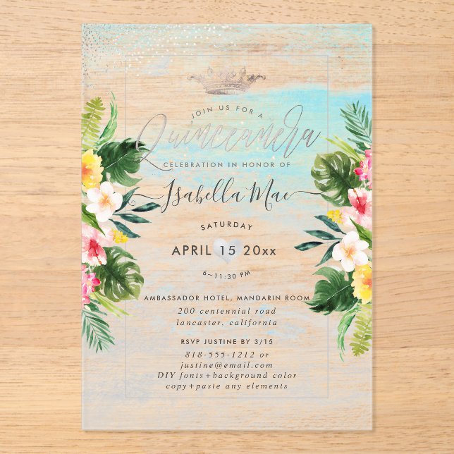 PixDezines Tropical Flowers+Beach Quinceanera Acrylic Invitations (Front)