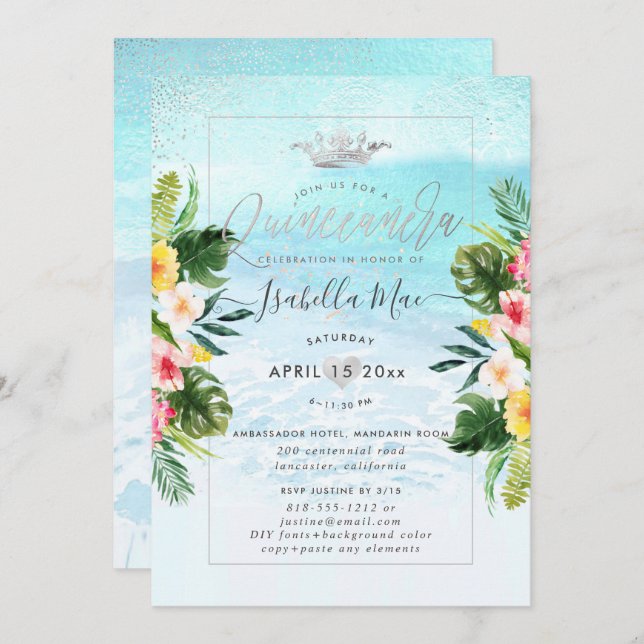PixDezines Tropical Flowers+Beach Quinceanera Invitation (Front/Back)