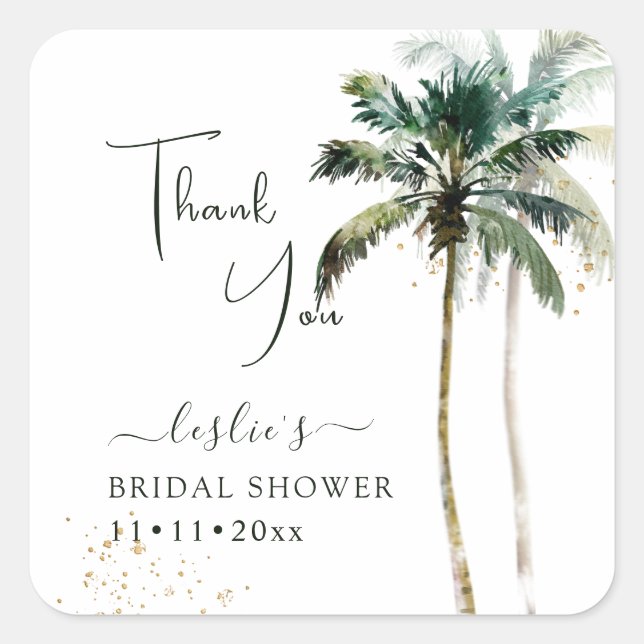 PixDezines Twin Palms Tropical Bridal Shower Square Sticker (Front)