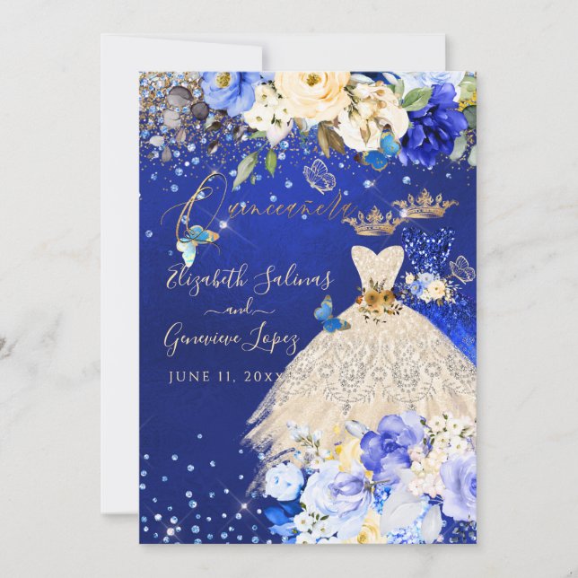 PixDezines Twins Quinceanera Royal Blue Gold Invitation (Front)