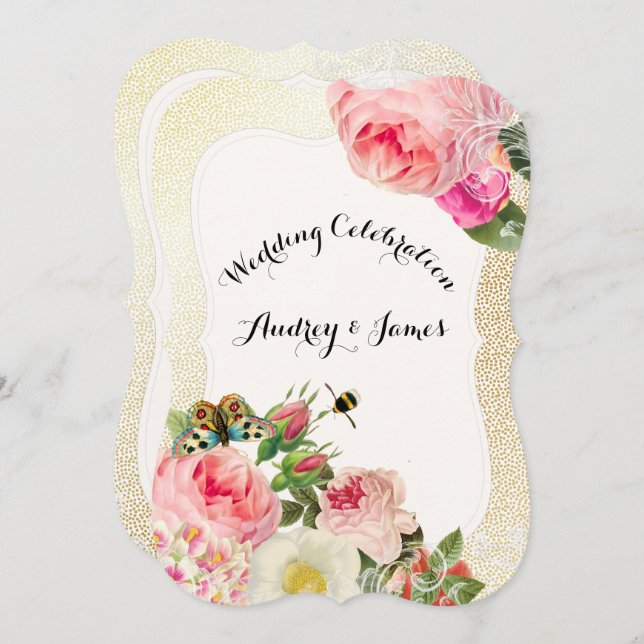 PixDezines victorian roses/peonies/faux gold speck Invitation (Front/Back)