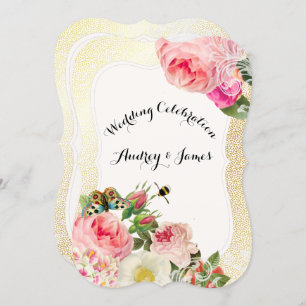 PixDezines victorian roses/peonies/faux gold speck Invitation