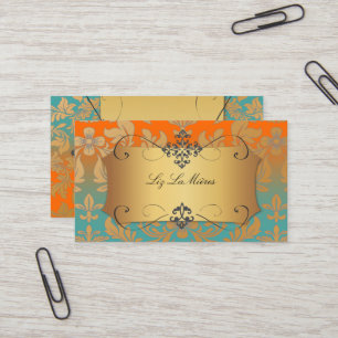 PixDezines Vintage Baroque damask/teal+orange Business Card