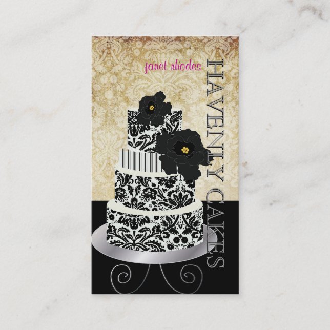 PixDezines Vintage Black damask cake/pâtisserie Business Card (Front)
