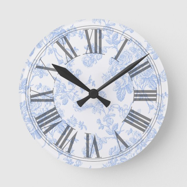 PixDezines Vintage Blue Roses Toile Round Clock (Front)