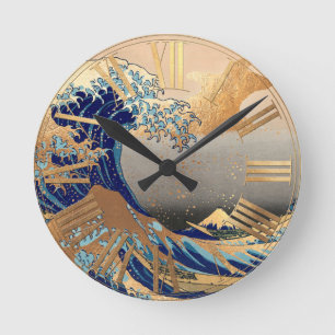 PixDezines Vintage Great Wave Hokusai 葛飾北斎の神奈川沖浪 Round Clock