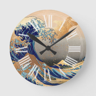 PixDezines Vintage Great Wave Hokusai 葛飾北斎の神奈川沖浪 Round Clock